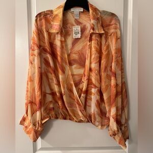 #2758  Curvy Girl by Ashley Stewart Orange Swirl Chiffon Long Sleeve Crop Blouse